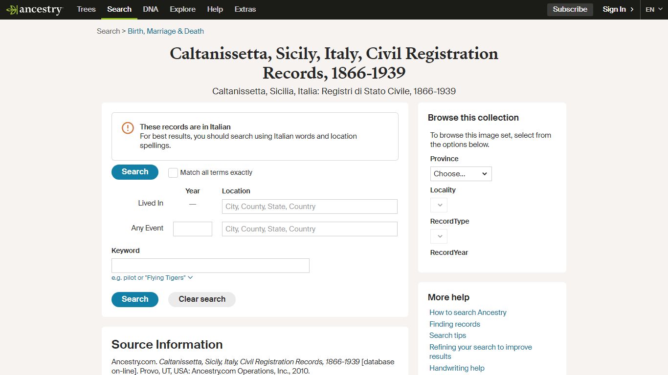 Caltanissetta, Sicily, Italy, Civil Registration Records ...